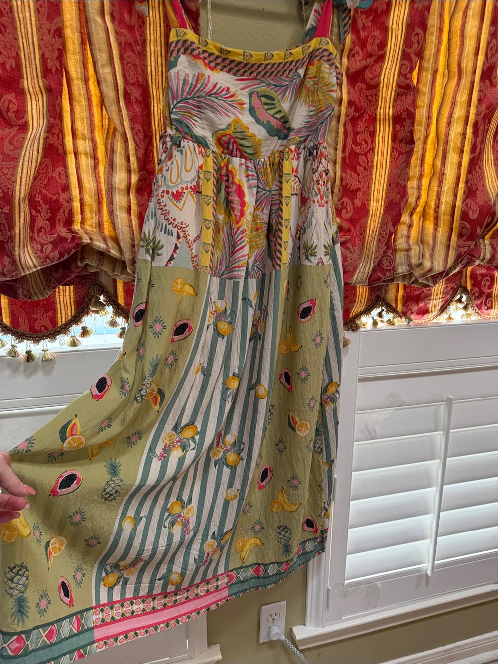 TCEC Olive Maxi Dress with Pink, Yellow and Cream Fruit Print